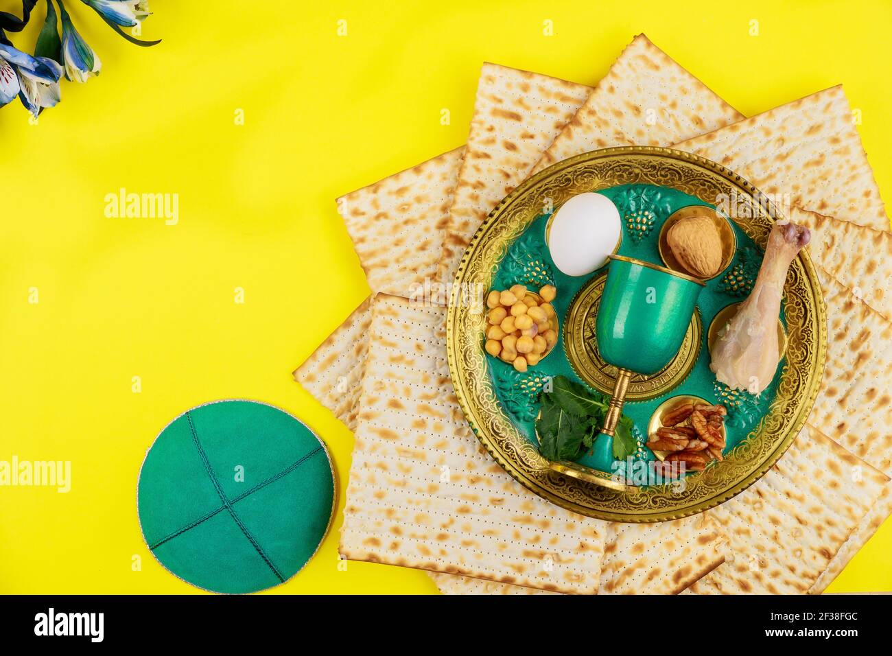 Jewish matzah, kiddush and seder with egg, bone, herbs and walnuts