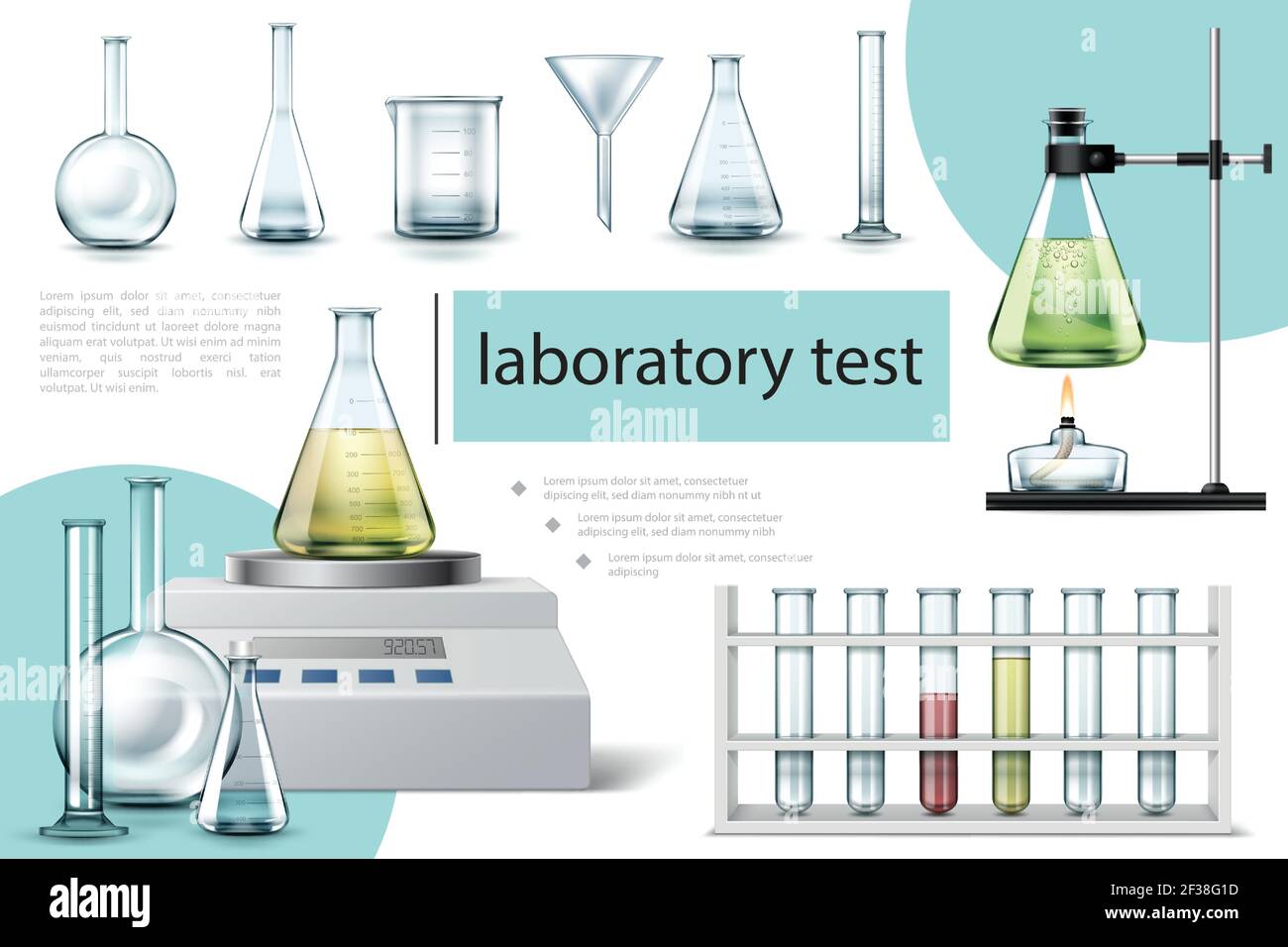 Realistic laboratory tools composition with tubes and flasks of different shapes beaker electronic scales alcohol burner vector illustration Stock Vector