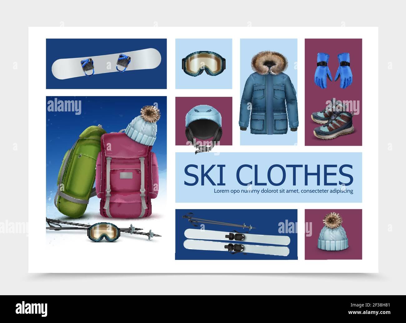 Realistic ski clothes and equipment composition with skis poles goggles