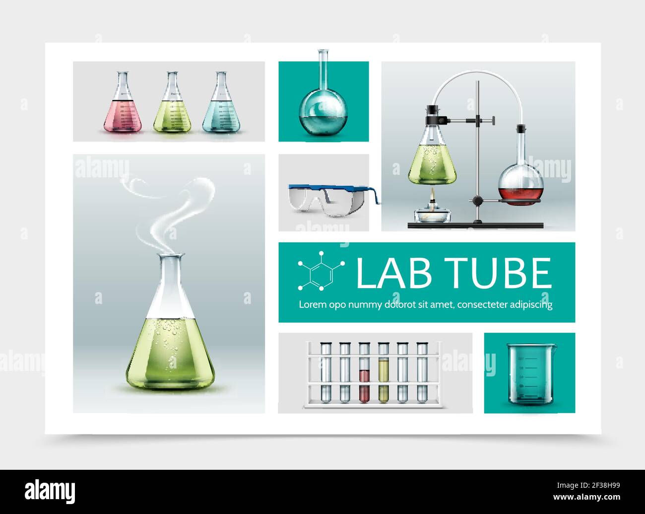 Realistic laboratory equipment composition with full tubes beaker