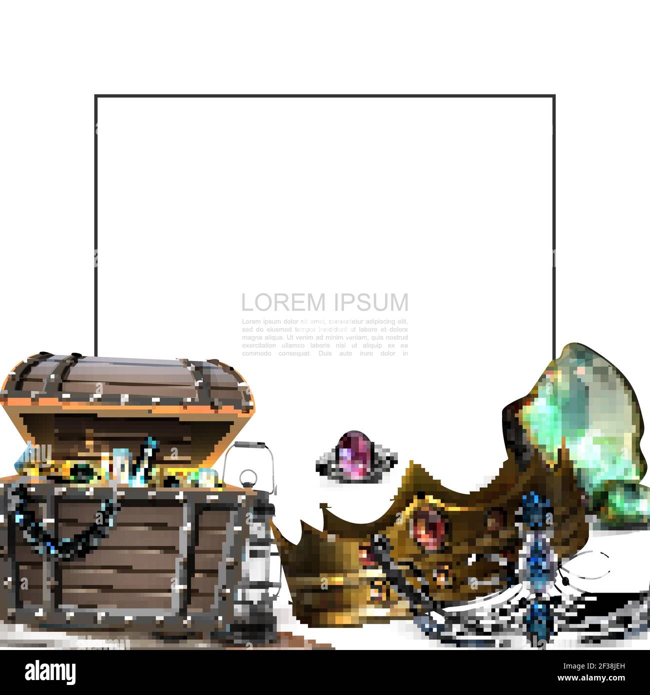 Realistic pirate treasures concept with frame for text crown diadem ...