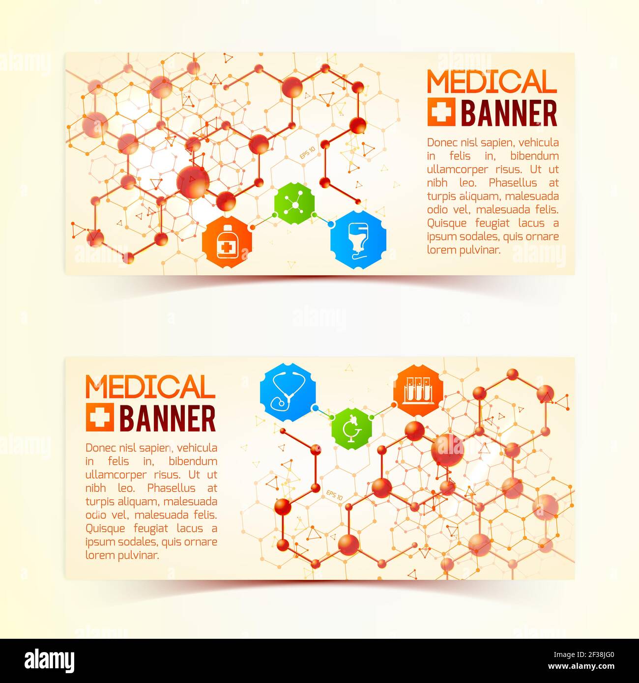 Two horizontal medical banners collection with symbols and atomic