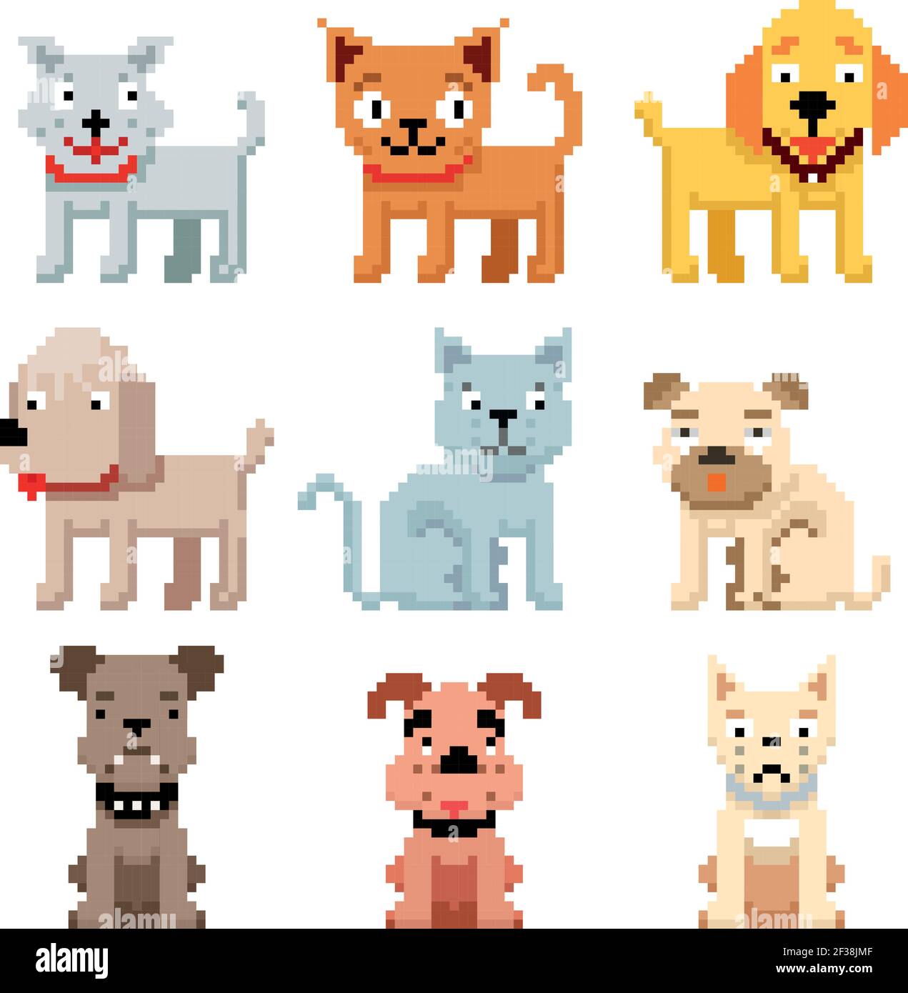 Pixel art pets icons. 8 bit dogs and cats vector. Pets cat and dog in pixel art, illustration breed pets Stock Vector