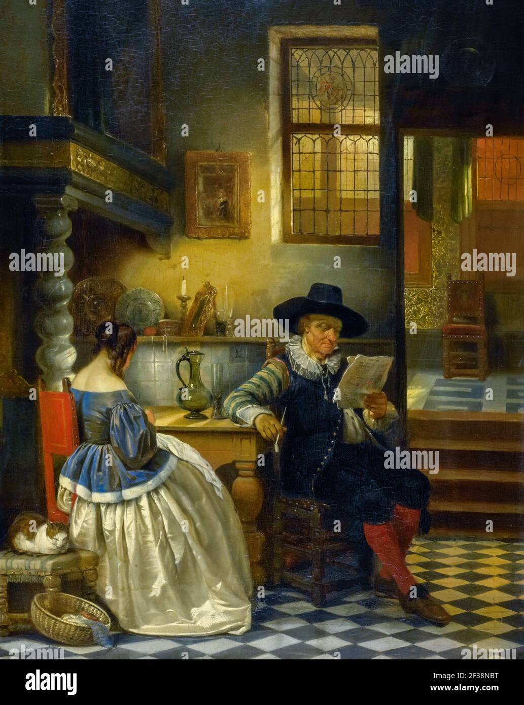 Interior with a man and a woman seated at a table. The man has a pipe in his hand and is reading a short of a pamphlet. The woman is doing needlework Stock Photo