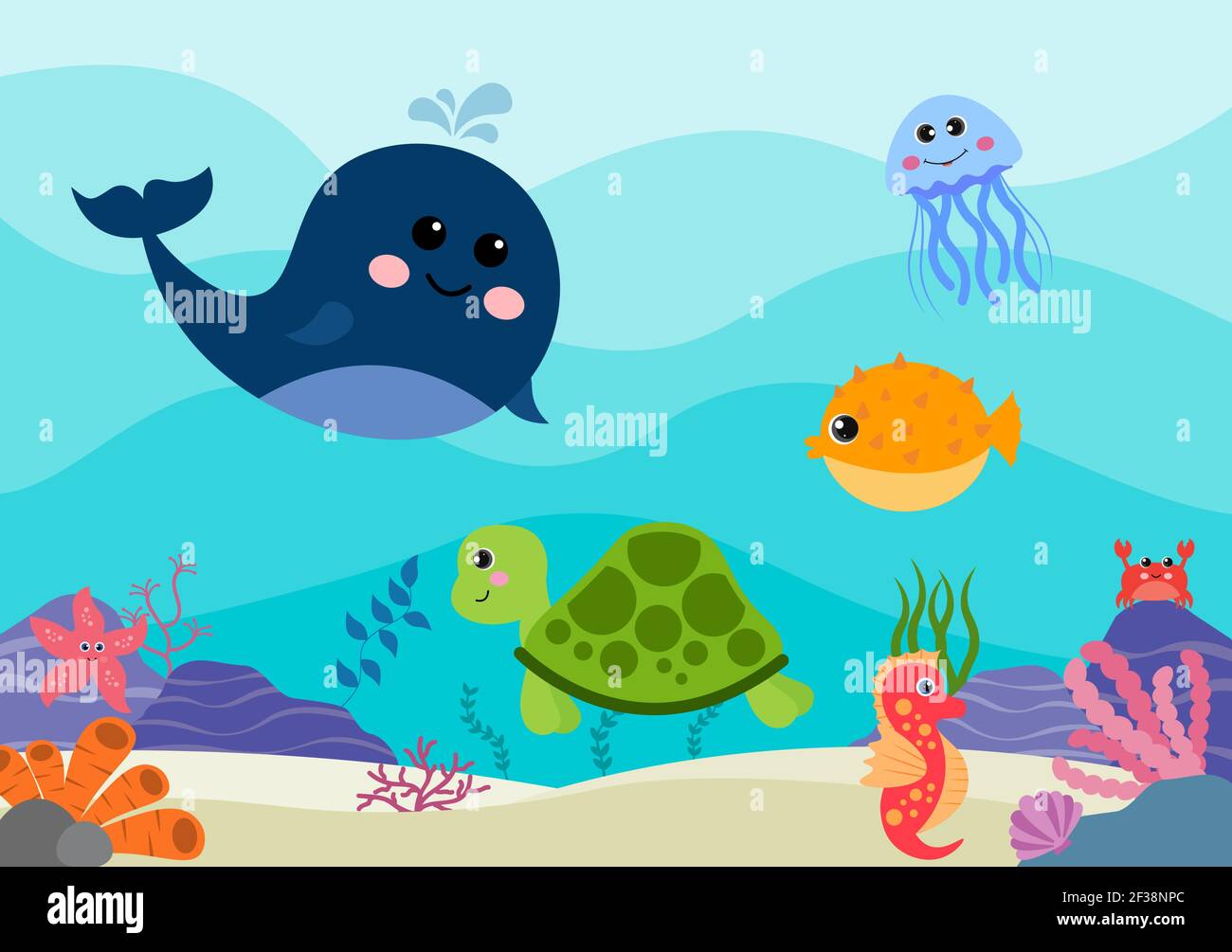 Underwater Scenery and Cute Animal Life in the Sea with Seahorses, Starfish, Octopus, Turtles, Sharks, Fish, Jellyfish, Crabs Design. Vector Illustrat Stock Vector