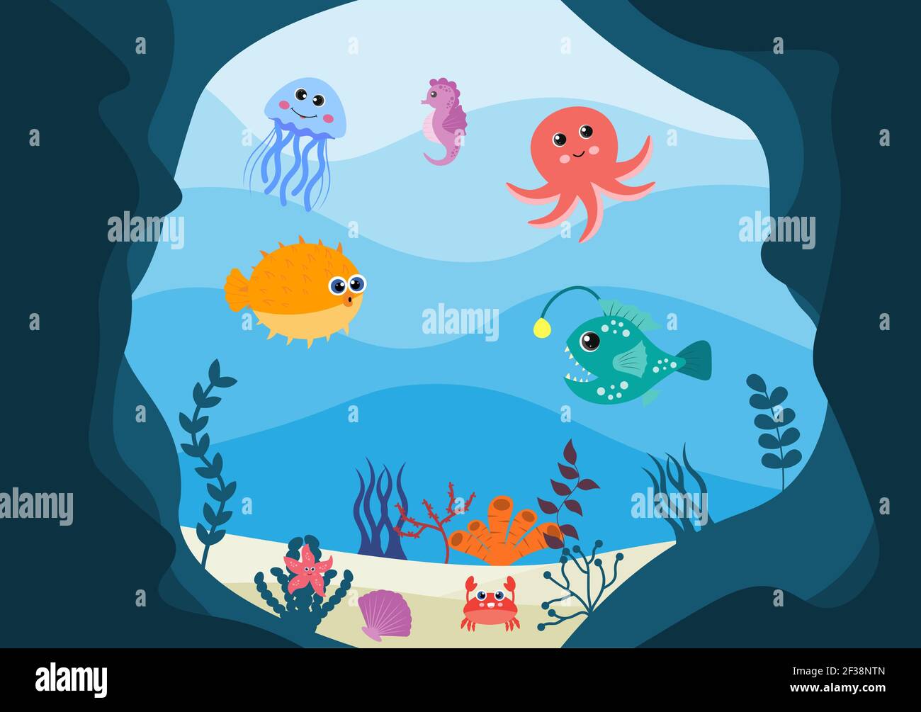 Underwater Scenery and Cute Animal Life in the Sea with Seahorses, Starfish, Octopus, Turtles, Sharks, Fish, Jellyfish, Crabs Design. Vector Illustrat Stock Vector