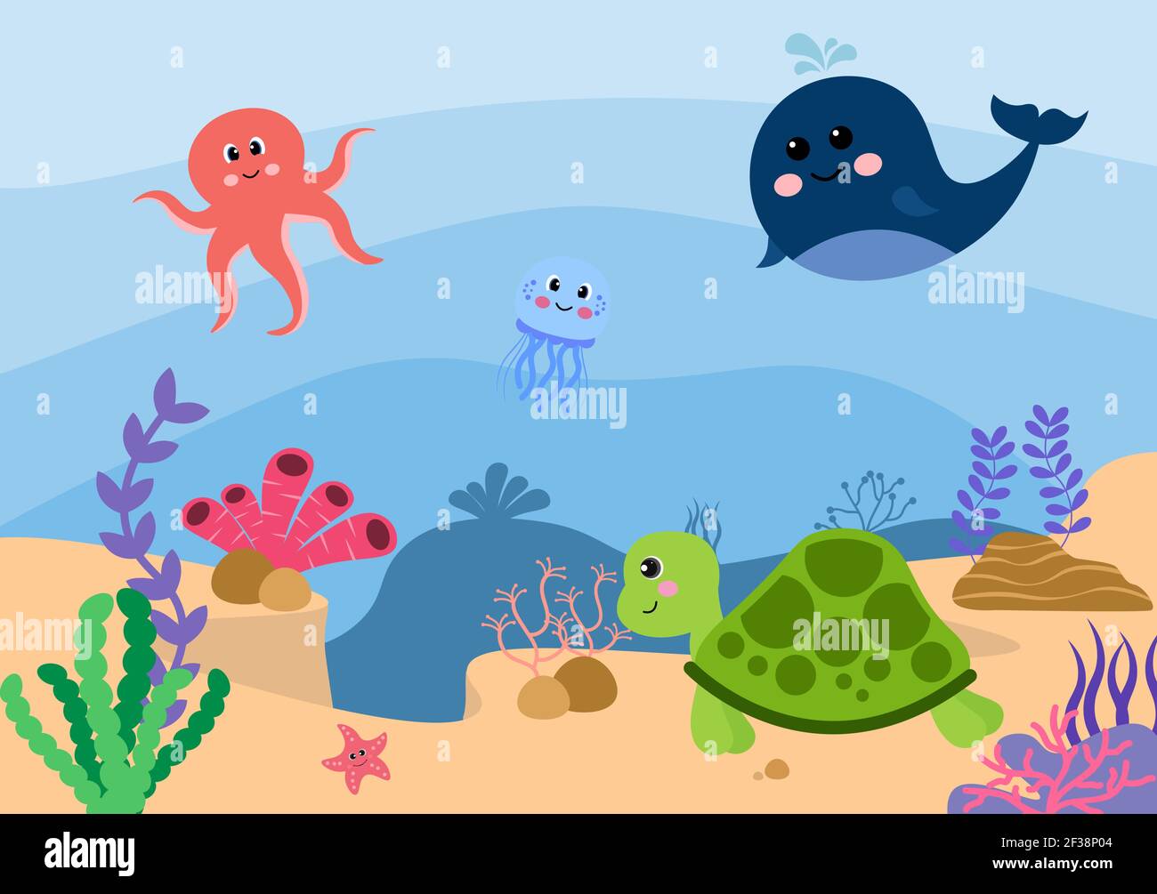 Underwater Scenery and Cute Animal Life in the Sea with Seahorses, Starfish, Octopus, Turtles, Sharks, Fish, Jellyfish, Crabs Design. Vector Illustrat Stock Vector