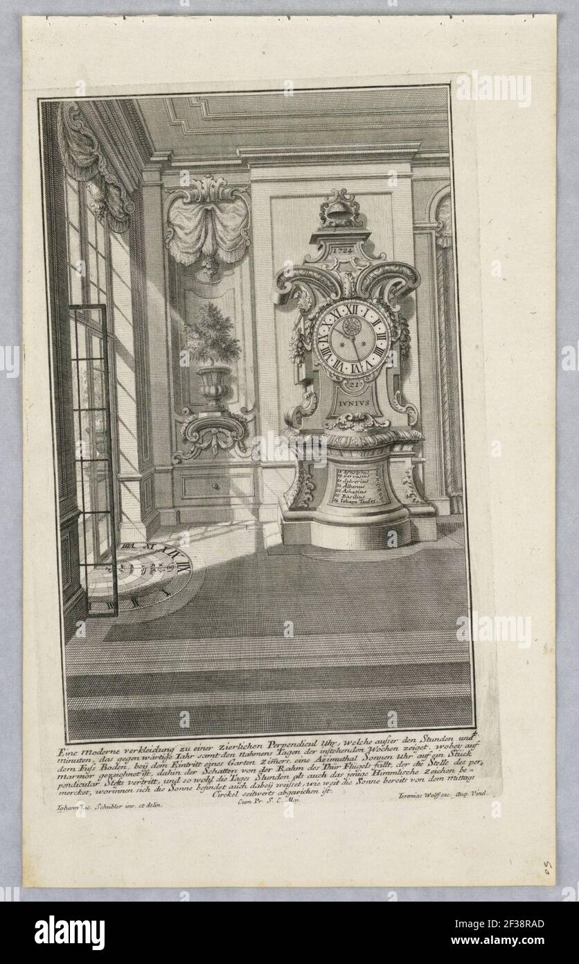Print, Funffte Ausgab seiner vorhabenden werckes - Unterschiedliche Neu Inventirte Verkleiden Zu Modernen und Astonmischen Perpendicul-Uhren - , ca. 1720 Stock Photo