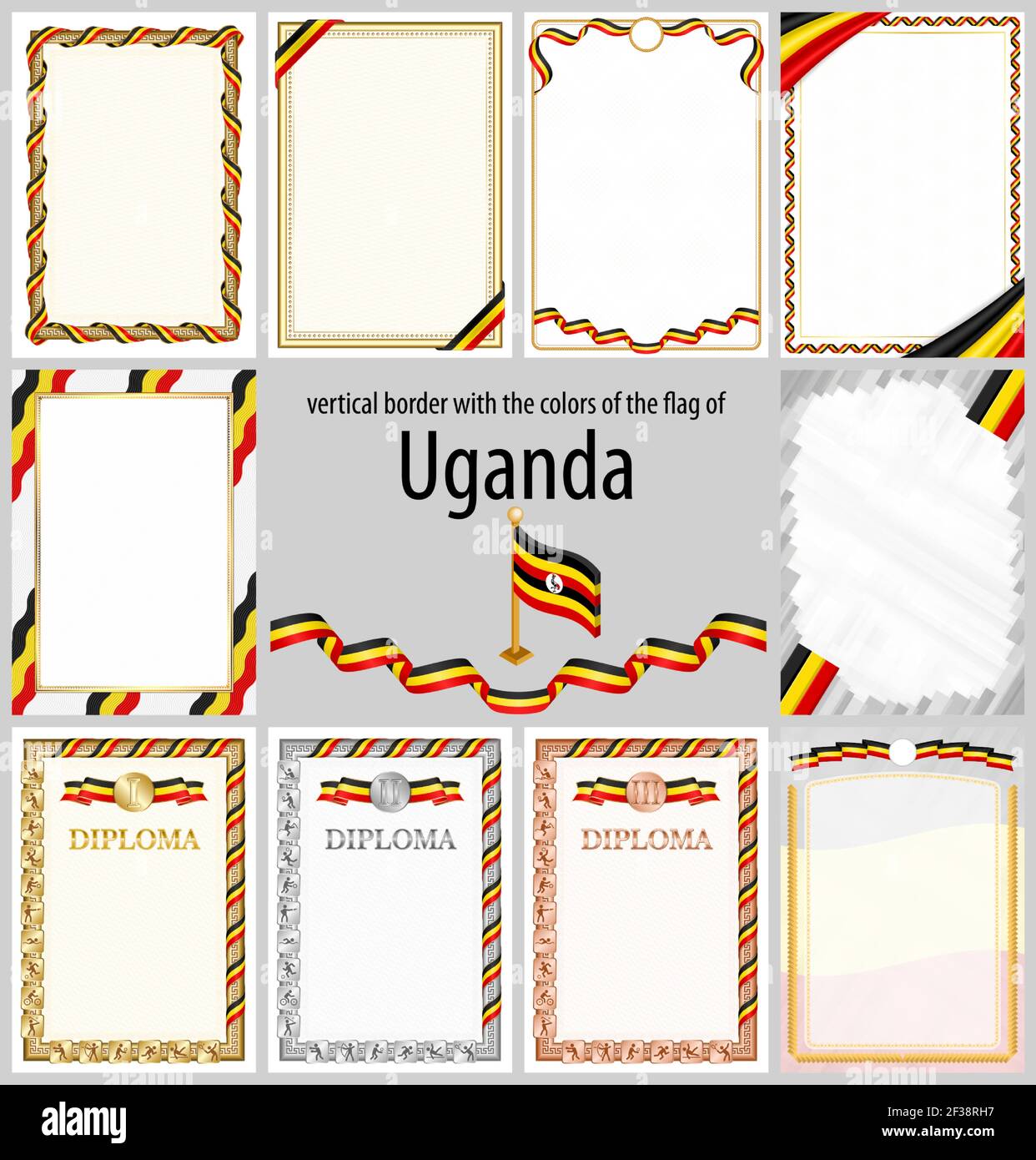 Set of vertical frames and borders in the colors of the flag of Uganda