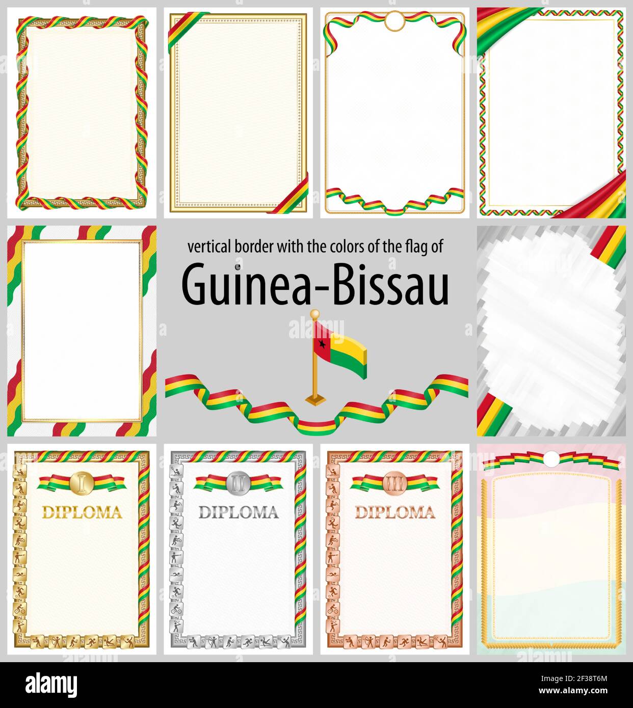 Set of vertical frames and borders in the colors of the flag of Guinea-Bissau, template elements for your certificate and diploma. Vector. Stock Vector