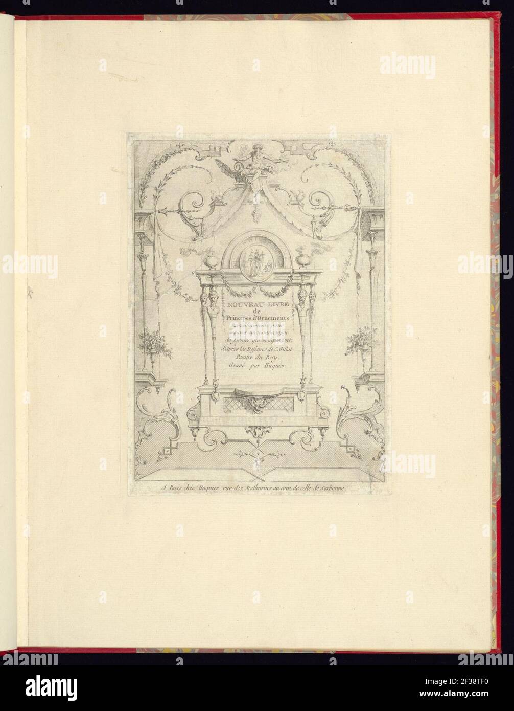 Print, Nouveau livre de principes d'ornements particulièrement pour trouver un nombre infini de formes qui dependent, d'après les dessins de Gillot. Peintre du Roy, gravé par Huquier; title page Stock Photo