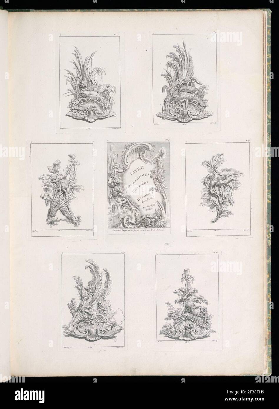 Print, Ornament Design with Wheat and Acanthus Leaves over Shell, from Livre des Legumes (Series of Vegetable Ornament), pl. 17 in Oeuvre de Juste-Aurèle Meissonnier, 1748 Stock Photo