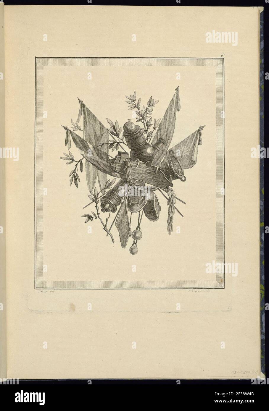 Print, Pl. 6 of 3e cahier de trophées militaires from Oeuvres contenant un recueil de trophées, attributs, cartouches, vases, fleurs, ornemens, et plusieurs dessins agréables pour broder des Stock Photo