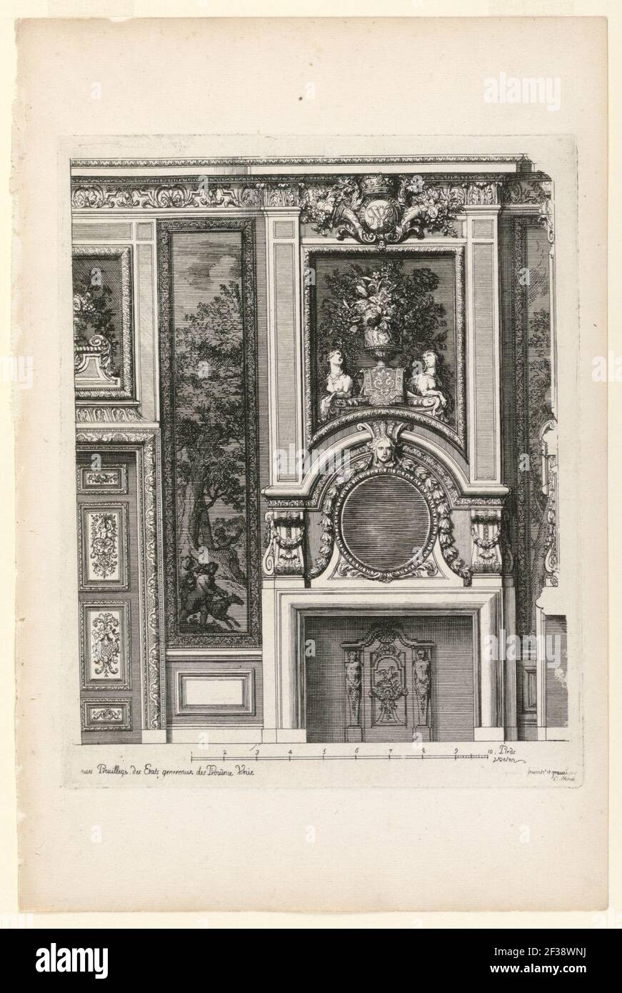 Print, Plate in Nouvelles Cheminée faittes en plusieur en droits (New Designs for Fireplaces), ca. 1700 Stock Photo
