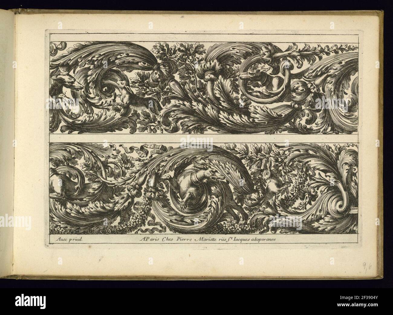 Print, Two Classical Friezes of Acanthus Scrolls with Lions Attacking Dogs, 1663 Stock Photo