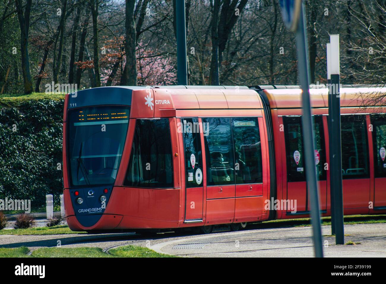 Reims France March 15, 2021 Modern electric tram for passengers rolling through the streets of Reims during the coronavirus outbreak hitting France Stock Photo