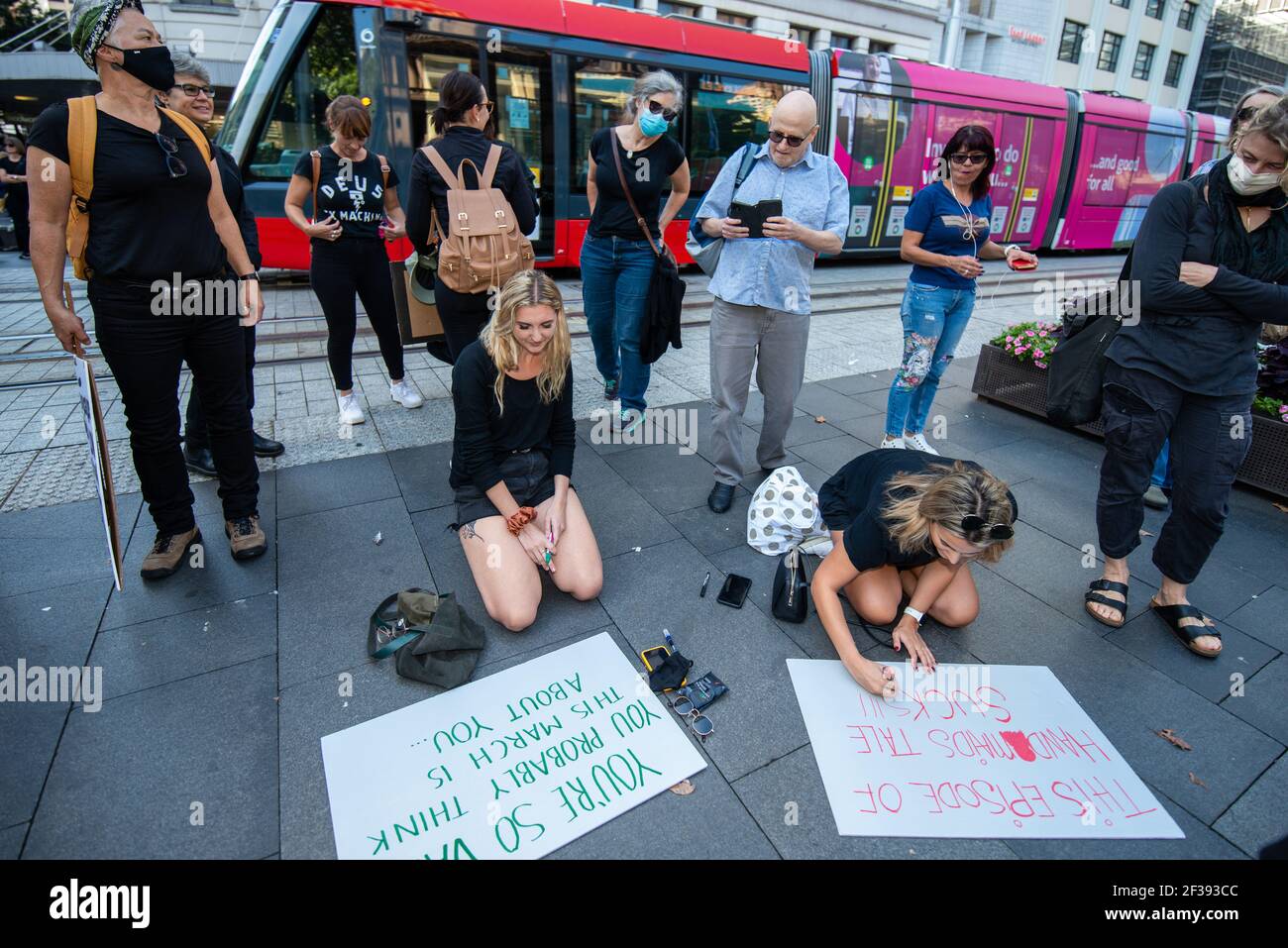 Sydney, Australia - March 15, 2021 - Thousands of Australian women protest against Crime and Sexual Violence in Women’s March 4 Justice rally. Stock Photo