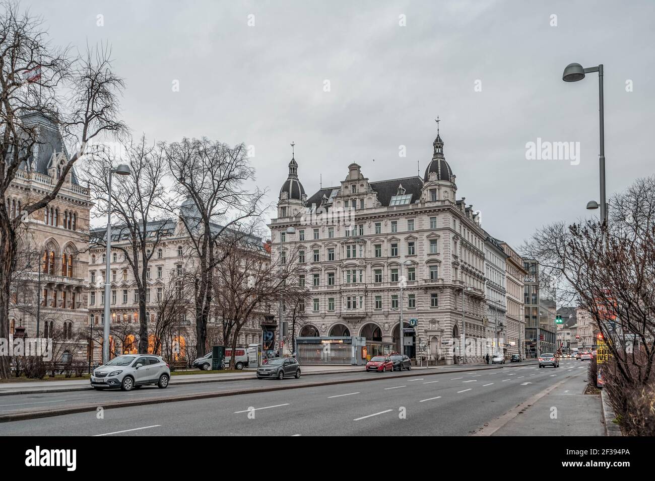 Vienna, Austria - Feb 7, 2020: Street view of neo-classical building near city hall in winter morning Stock Photo