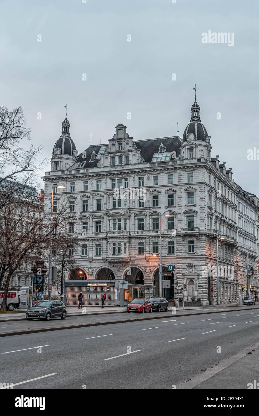 Vienna, Austria - Feb 7, 2020: Street view of neo-classical building near city hall in winter morning Stock Photo