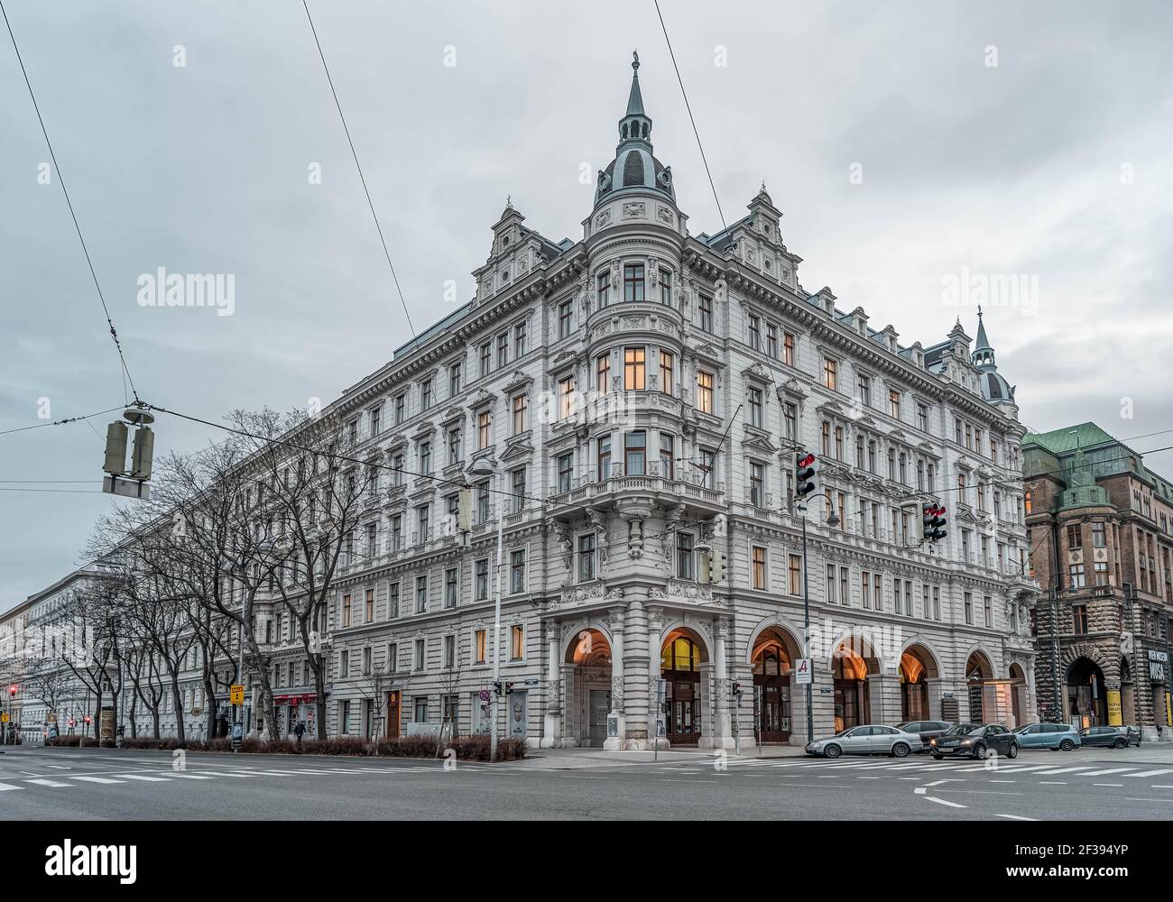 Vienna, Austria - Feb 7, 2020: Street view of Palais Obentraut near City Hall in winter morning Stock Photo