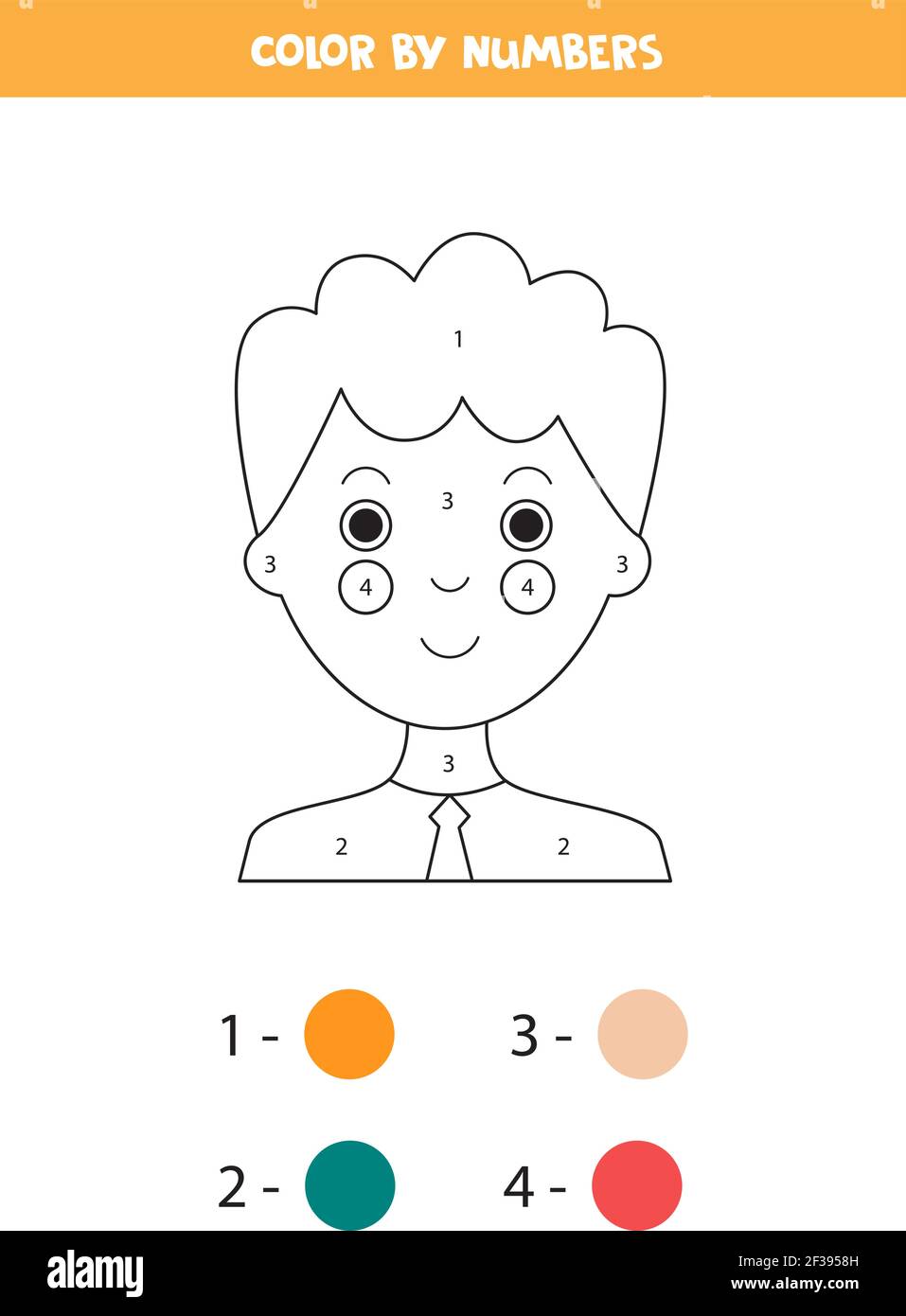 Coloring page with cute boy face. Color by numbers. Math game for kids. Stock Vector