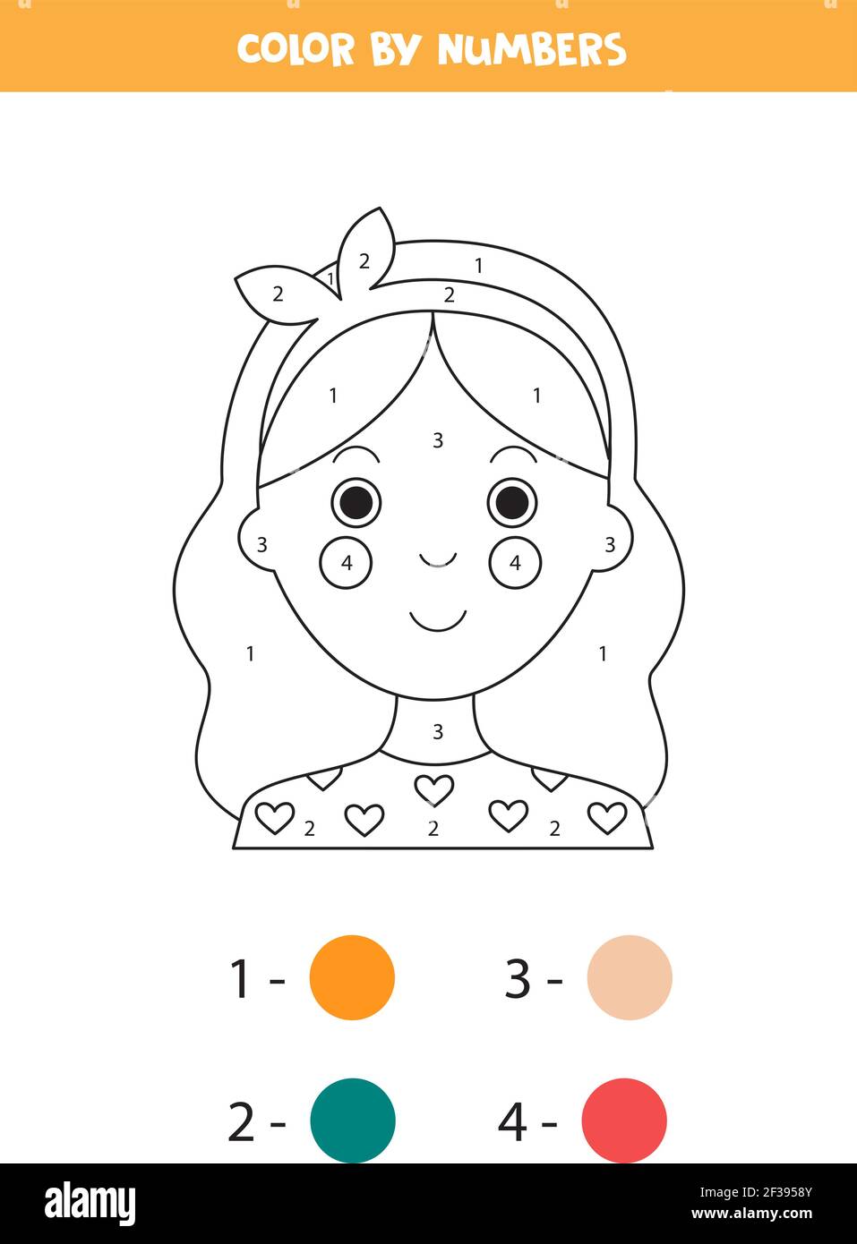 Coloring page with cute girl face. Color by numbers. Math game for kids