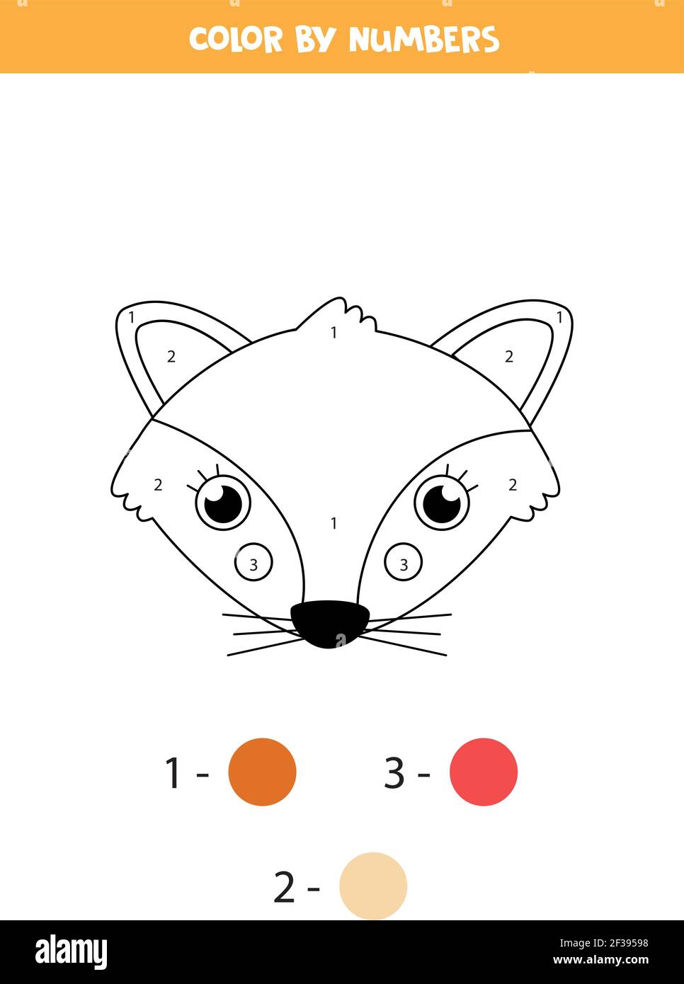Coloring page with cute fox face. Color by numbers. Math game for kids