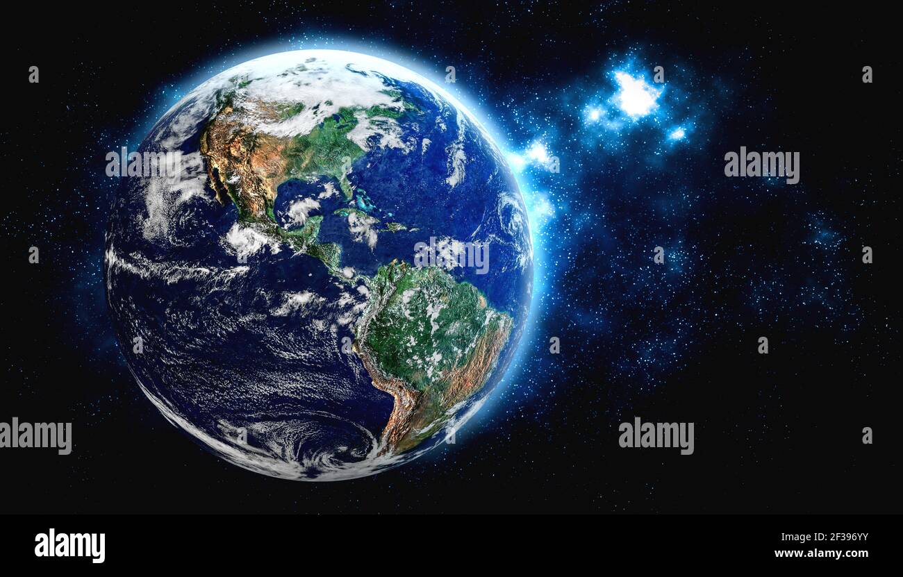 Planet earth globe view from space showing realistic earth surface and world map as in outer space point of view . Elements of this image furnished by Stock Photo