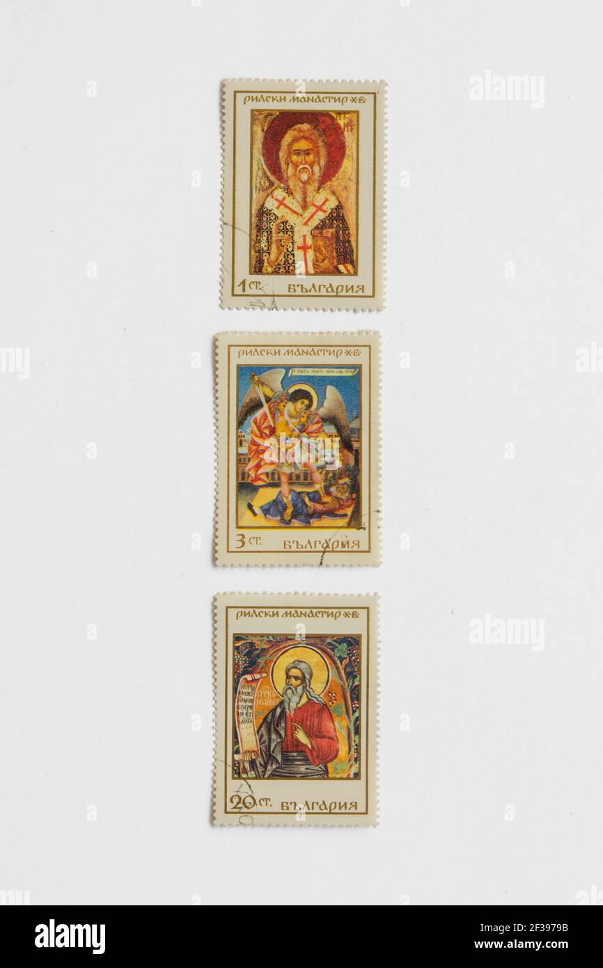 05.03.2021 Istanbul Turkey - Used and Cancelled Stamp. A stamp printed in Bulgaria. Bulgaria Art Rila Monastery Famous Paintings stamps 1969 Stock Photo