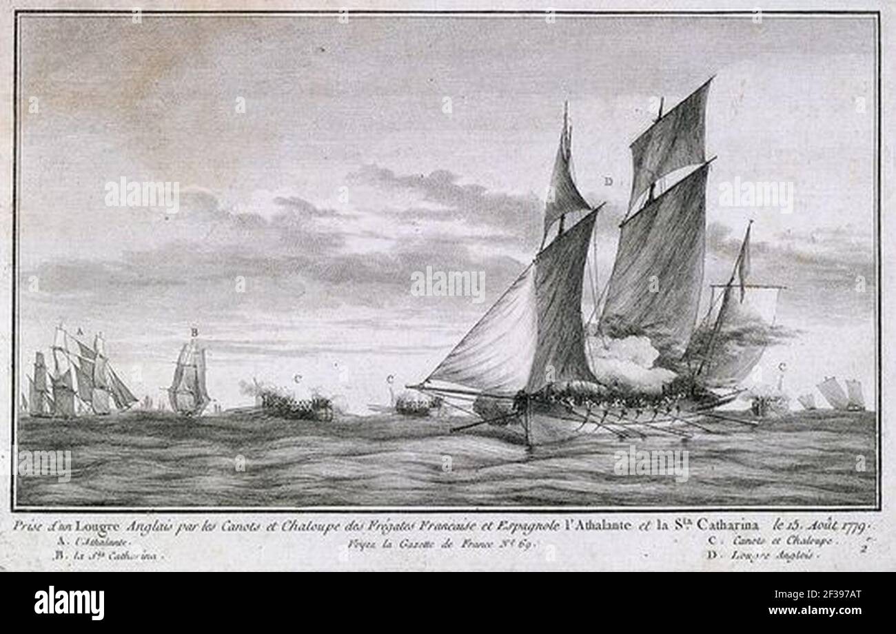 Prise d'un Lougre Anglais par les Canots et chaloupe des Fregates Francaise et Espagnole l' Athalante et La Sta Catharina. Le 15 Aout 1779. Voyez la Gazette de France No 69 PU5345. Stock Photo