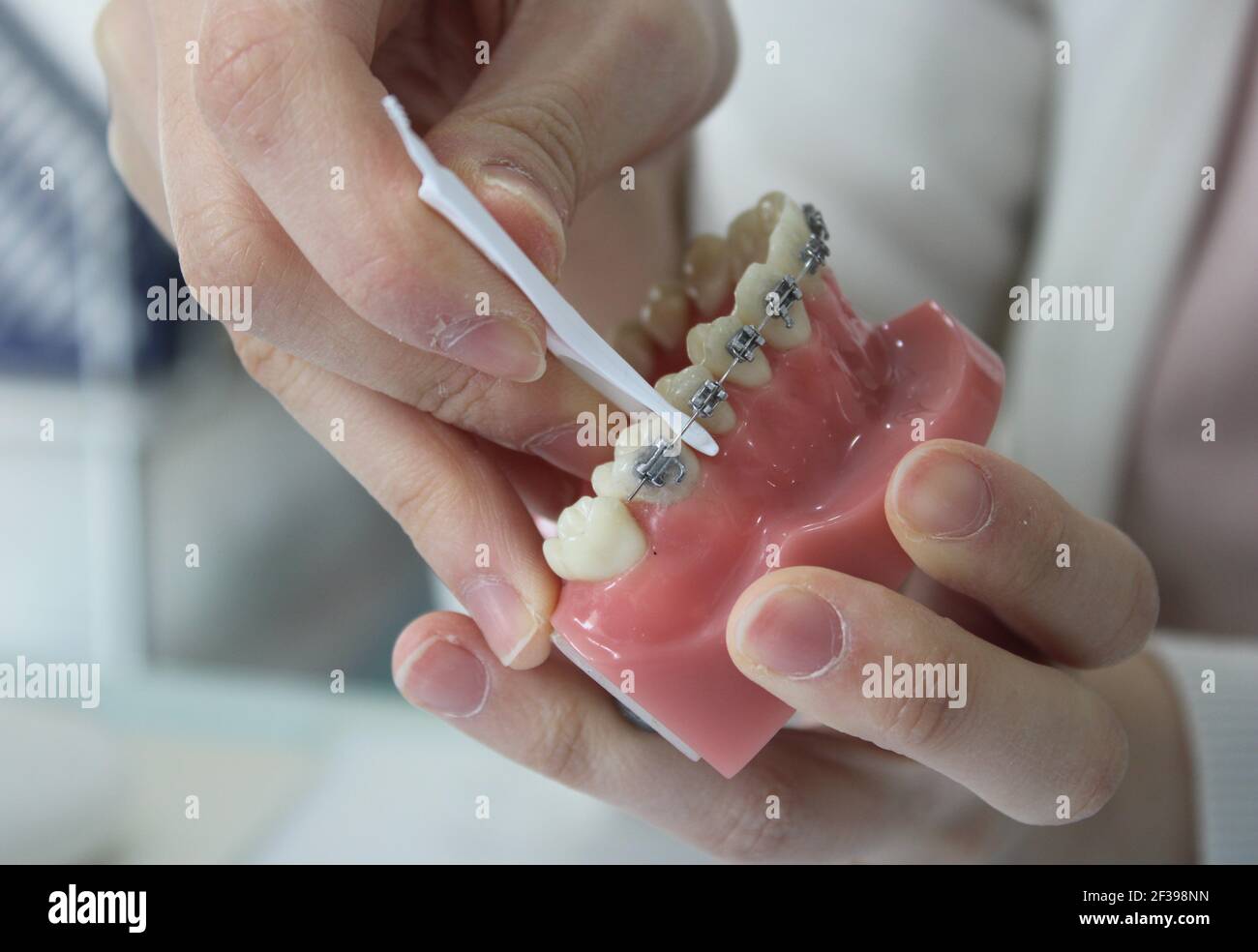 Dental professional showing how to floss with braces Stock Photo