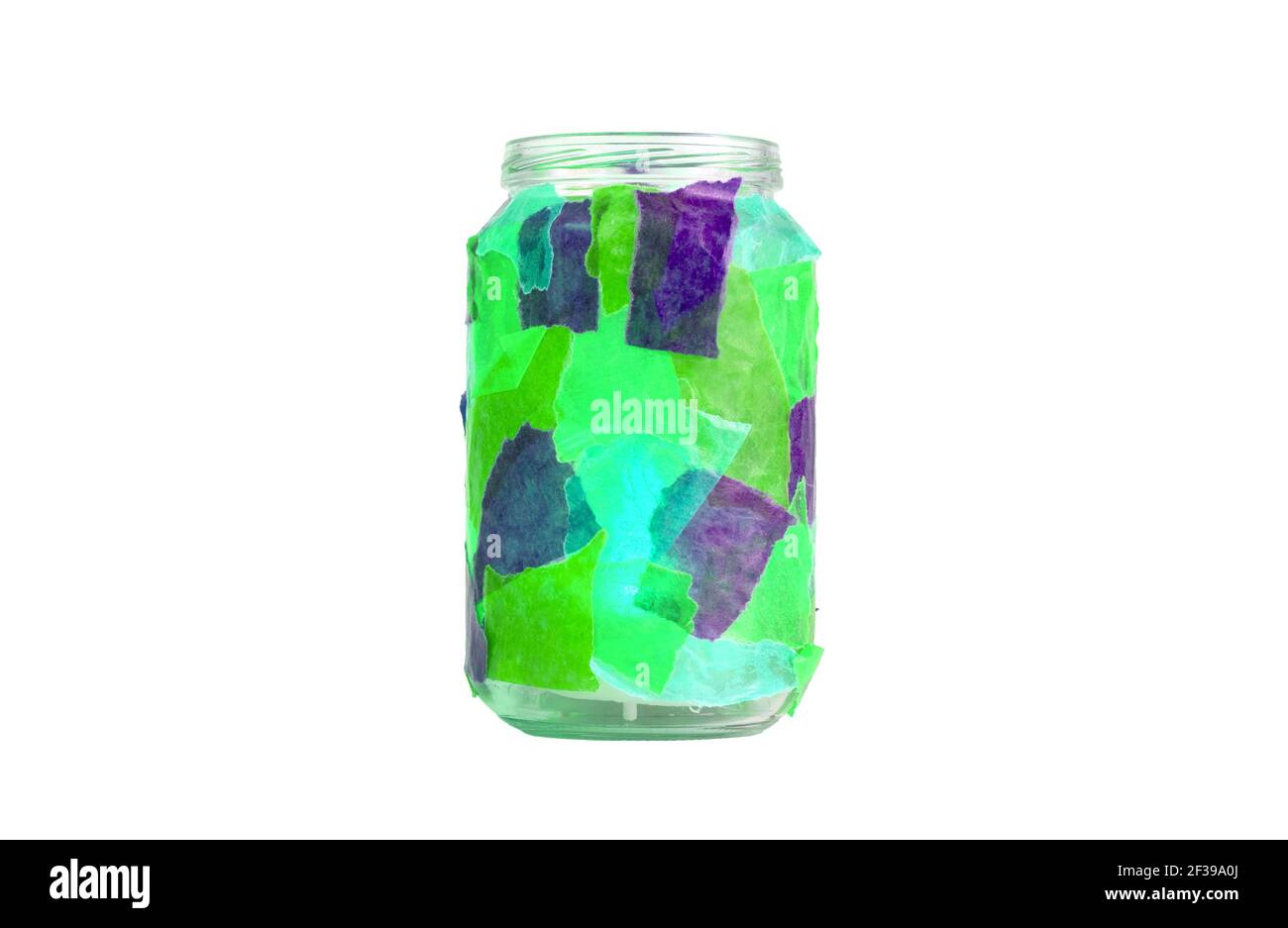 Jar decorated with colorful paper, tealight, isolated, candle burning inside Stock Photo Alamy