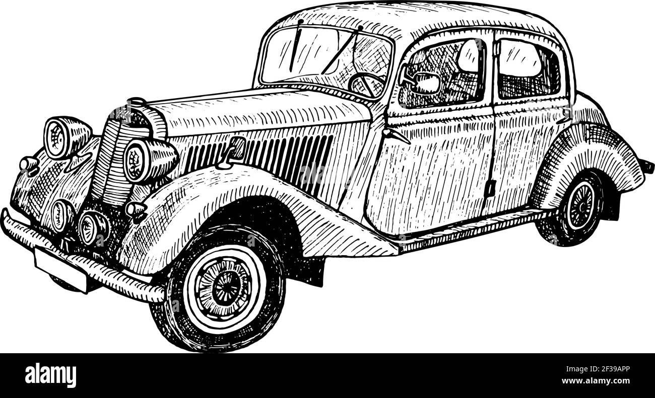 Hand drawn vector tracing vintage retro car, doodle sketch graphics monochrome illustration on white background Stock Vector