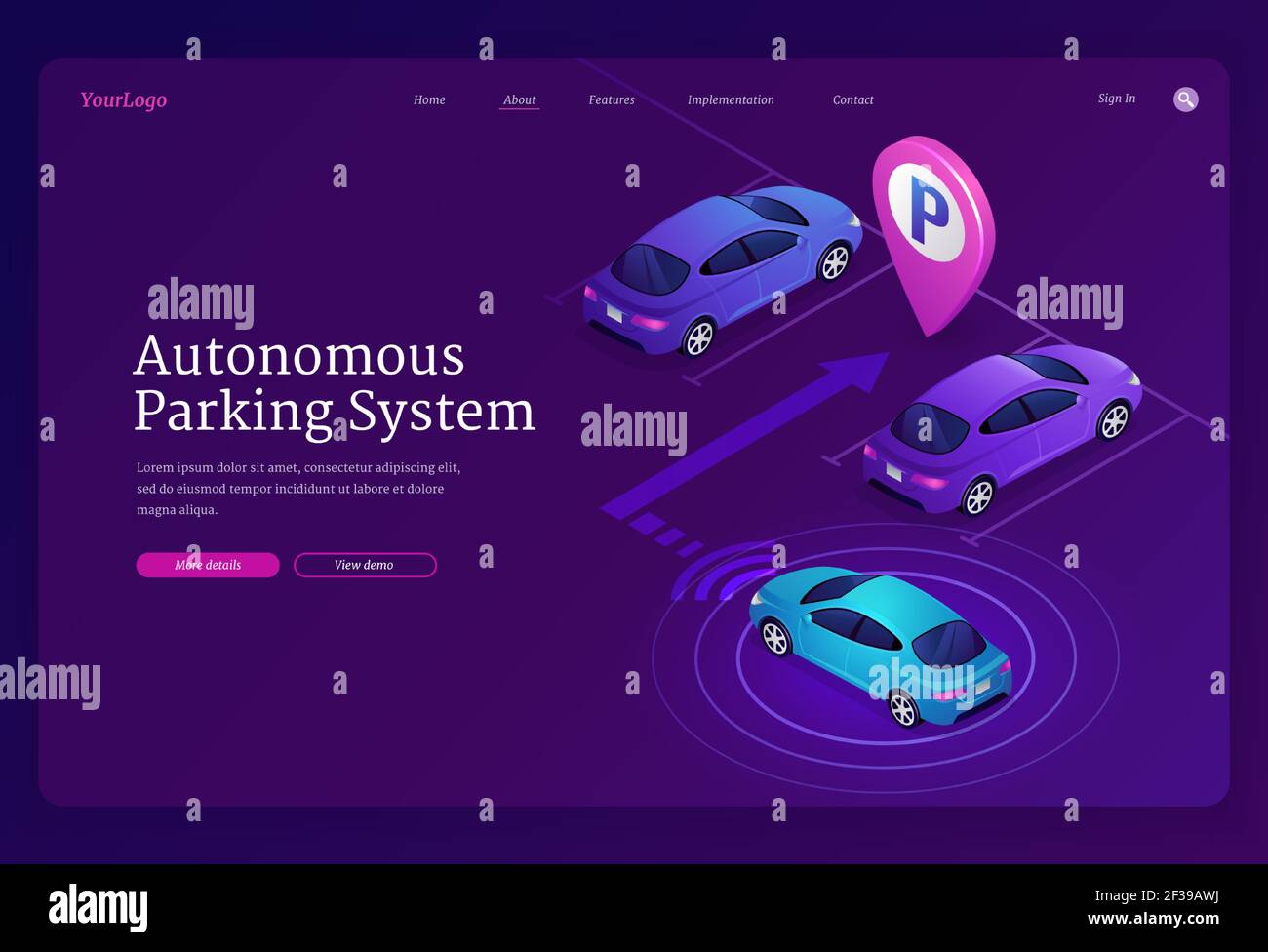 Autonomous parking system isometric landing page Stock Vector