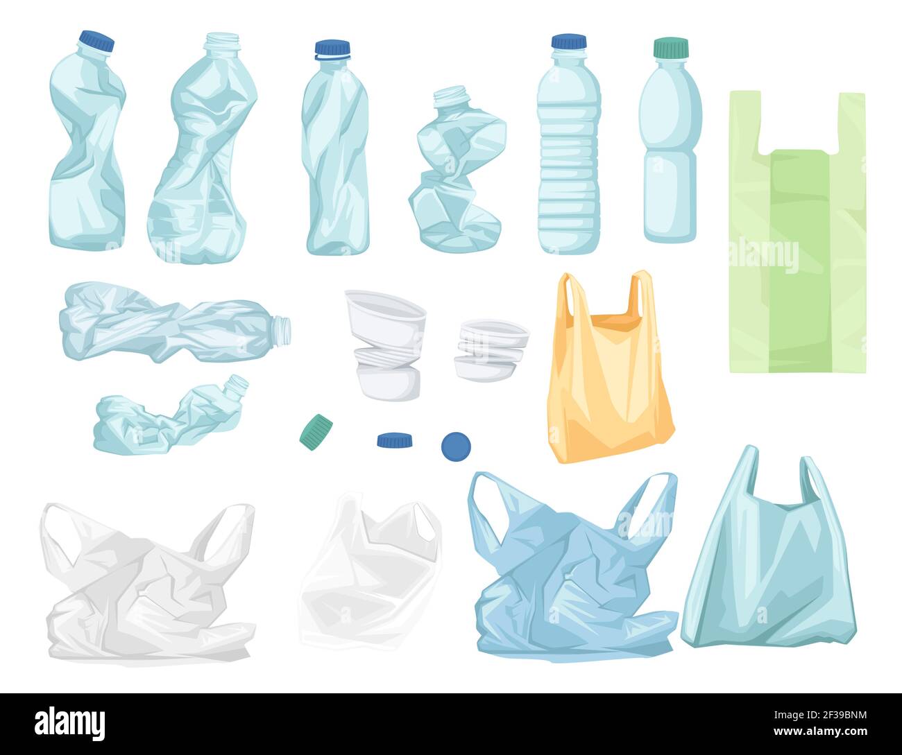 Set of plastic trash bags and bottles recycling ecology problem