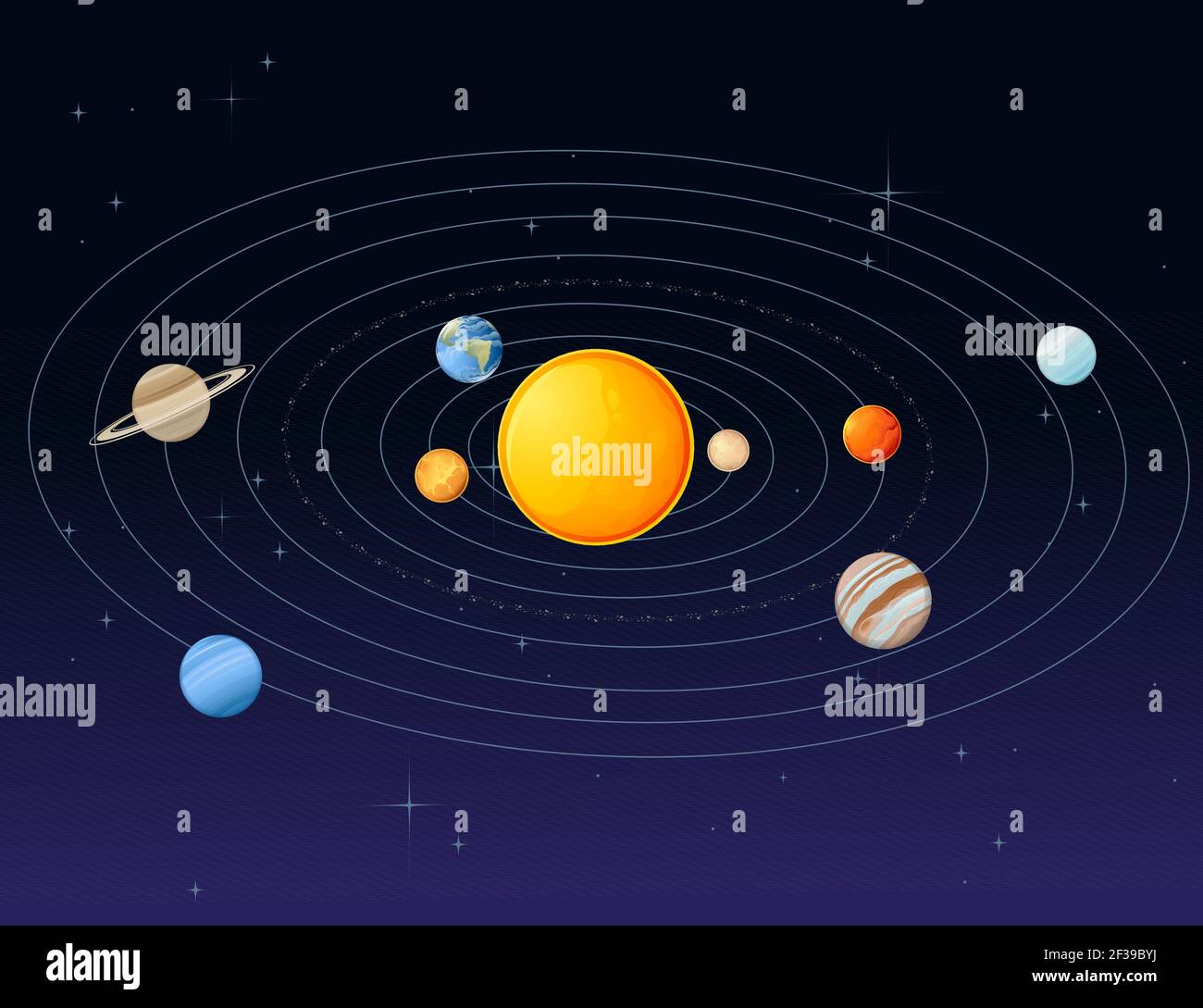 Solar system model with sun and planets space objects vector illustration on deep sky background Stock Vector