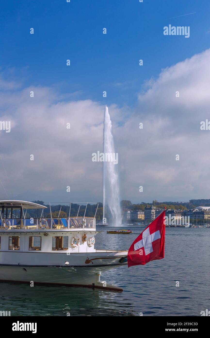 geography / travel, Switzerland, Geneva, restaurant ship at quay you Mont-Blanc with view towards jet , Additional-Rights-Clearance-Info-Not-Available Stock Photo