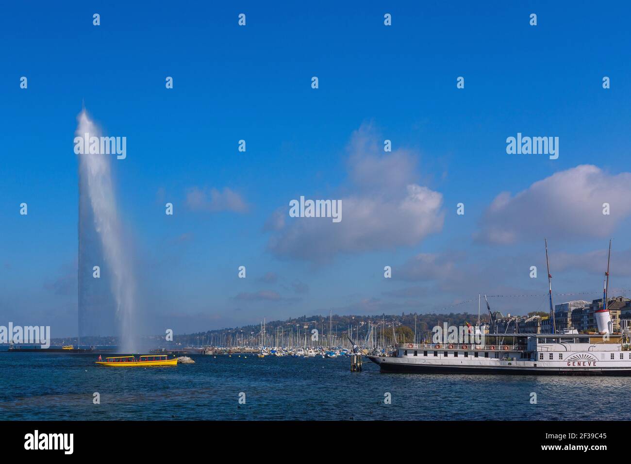 geography / travel, Switzerland, Geneva, jet d'Eau, historic paddle steamer Genève at quay Gustav Ador, Additional-Rights-Clearance-Info-Not-Available Stock Photo