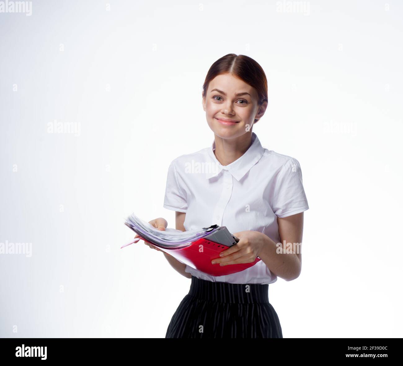 Business woman in white shirt documents manager office light background ...