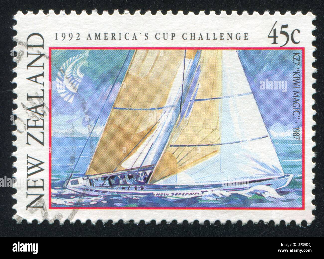 NEW ZEALAND - CIRCA 1992: stamp printed by New Zealand, shows Yacht 'KZ7 Kiwi Magic', America’s Cup Competition, circa 1992 Stock Photo