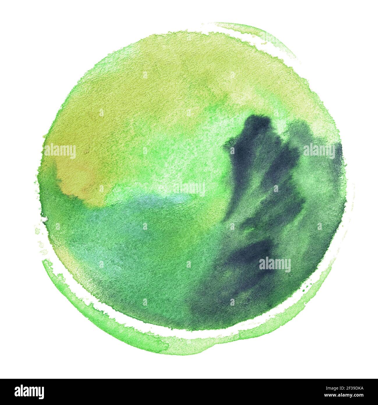 Colorful watercolor sphere. Grunge design elements. Green wet hand painted round blotch circle. Abstract painting. Stock Photo