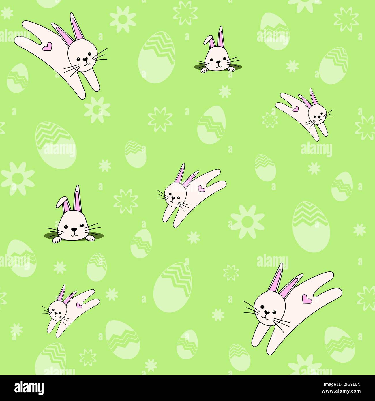 A cute seamless pattern with rabbits, flowers and easter eggs. Easter spring design with bunnies. Vector illustration Stock Vector