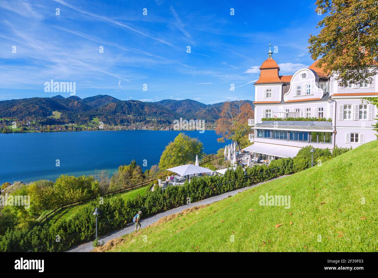 geography / travel, Germany, Bavaria, Tegernsee, Tegernsee-Hoehenweg at hotel Tegernsee panorama with , Additional-Rights-Clearance-Info-Not-Available Stock Photo