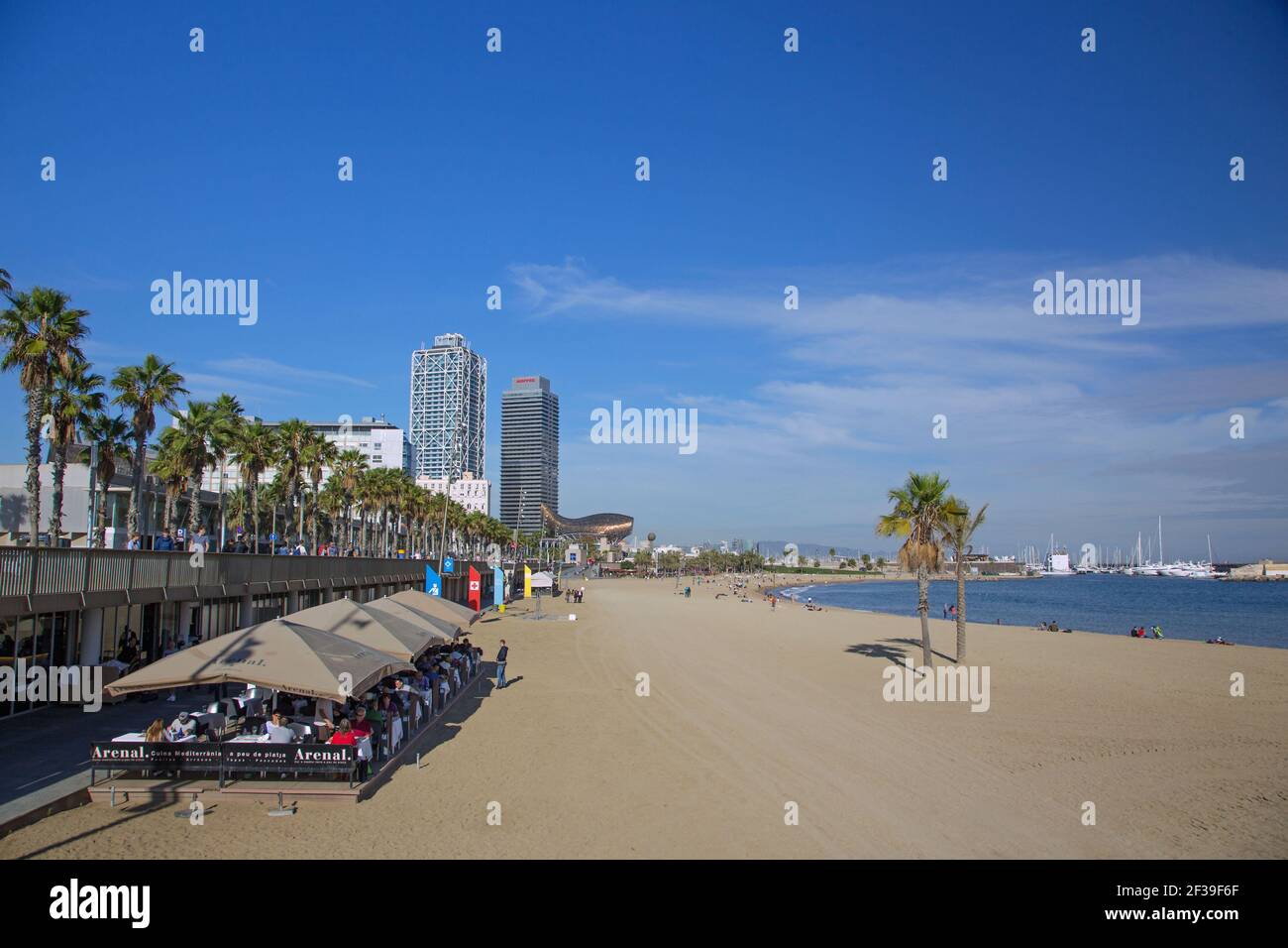 geography / travel, Spain, Barcelona, Platja de La Barceloneta and harbour Olimpic with golden fish Pe, Additional-Rights-Clearance-Info-Not-Available Stock Photo
