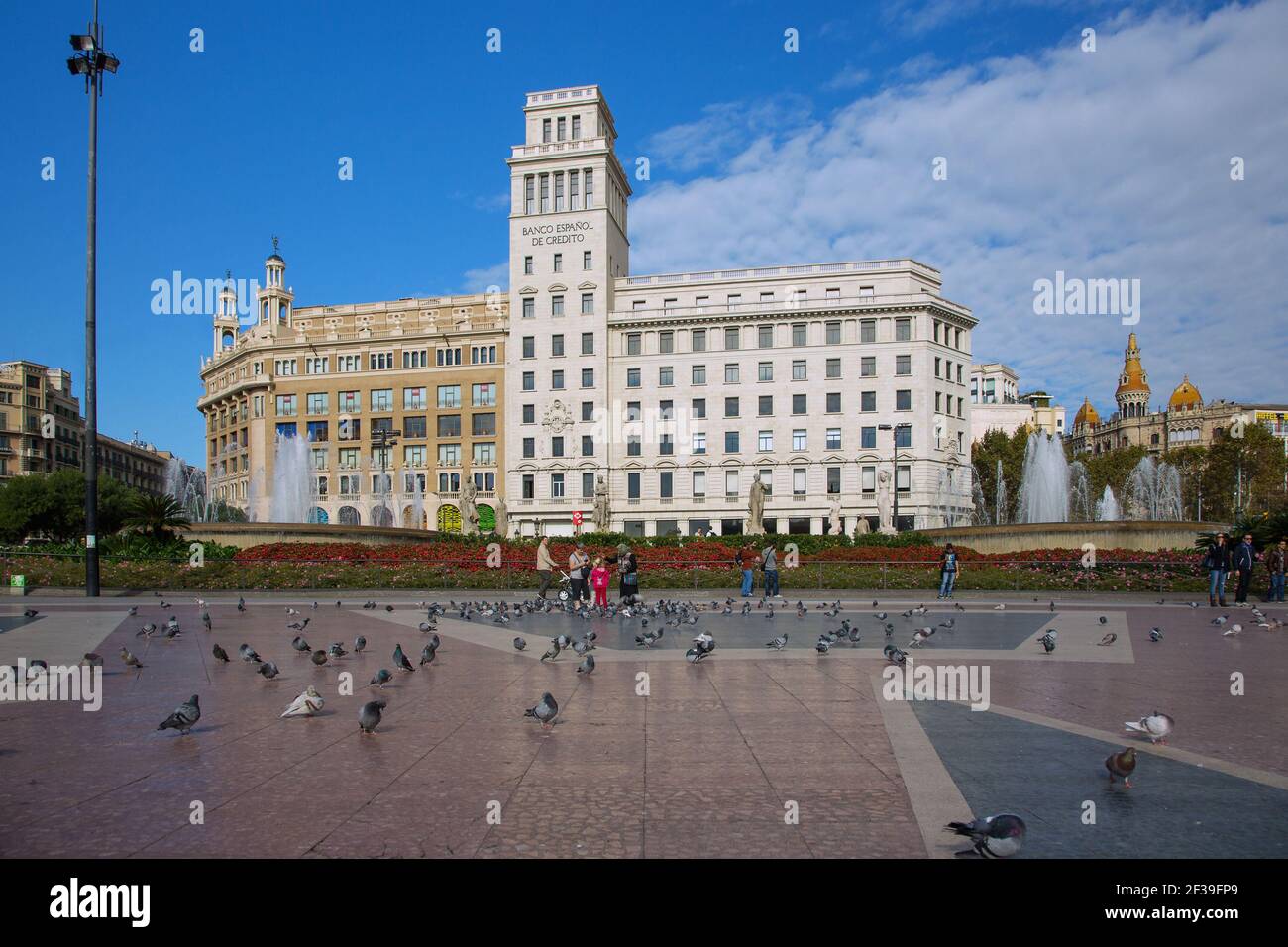 geography / travel, Spain, Barcelona, Placa de Catalunya, Banco Espanol de Credito, Additional-Rights-Clearance-Info-Not-Available Stock Photo