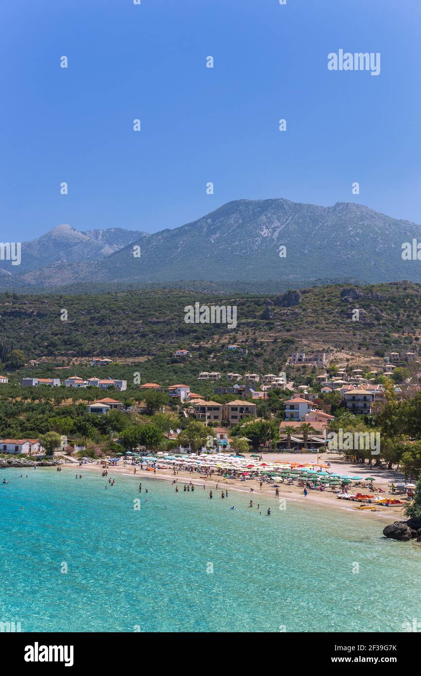 geography / travel, Greece, Peloponnes, Mani, Stoupa, Kalogria Beach, view towards Taigeto Mountains w, Additional-Rights-Clearance-Info-Not-Available Stock Photo