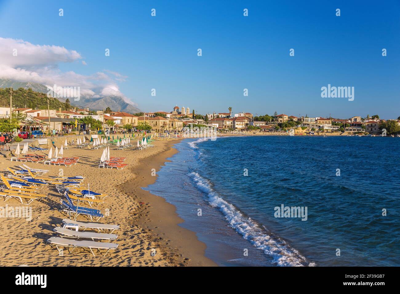 geography / travel, Greece, Peloponnes, Mani, Stoupa, Stoupa Beach, view towards Taigeto Mountains, Additional-Rights-Clearance-Info-Not-Available Stock Photo