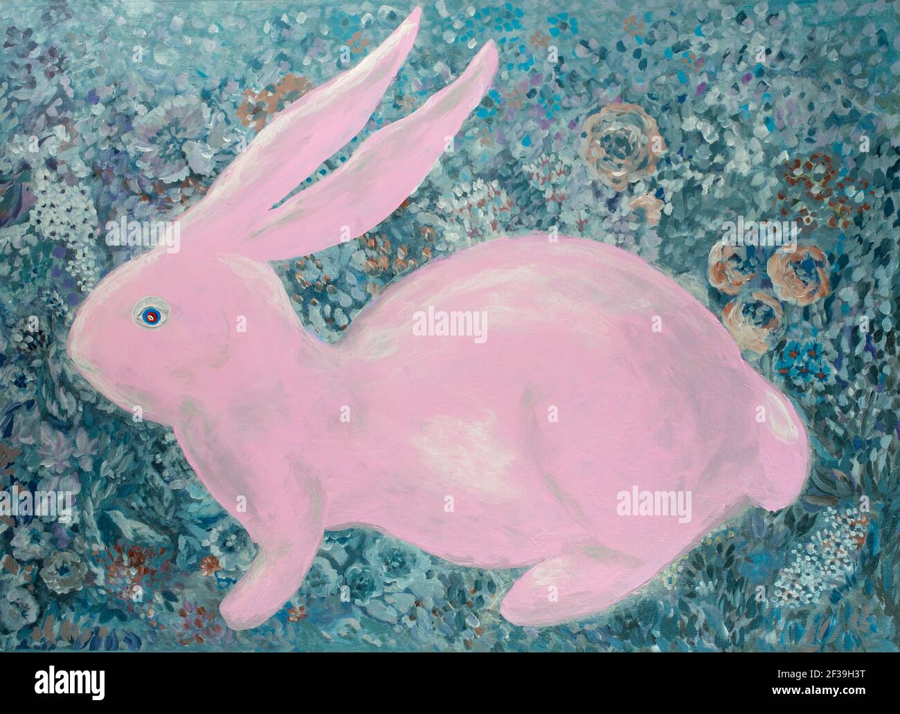 Pink rabbit on a flowery blue background. Acrylic painting. Happy Easter  Stock Photo - Alamy