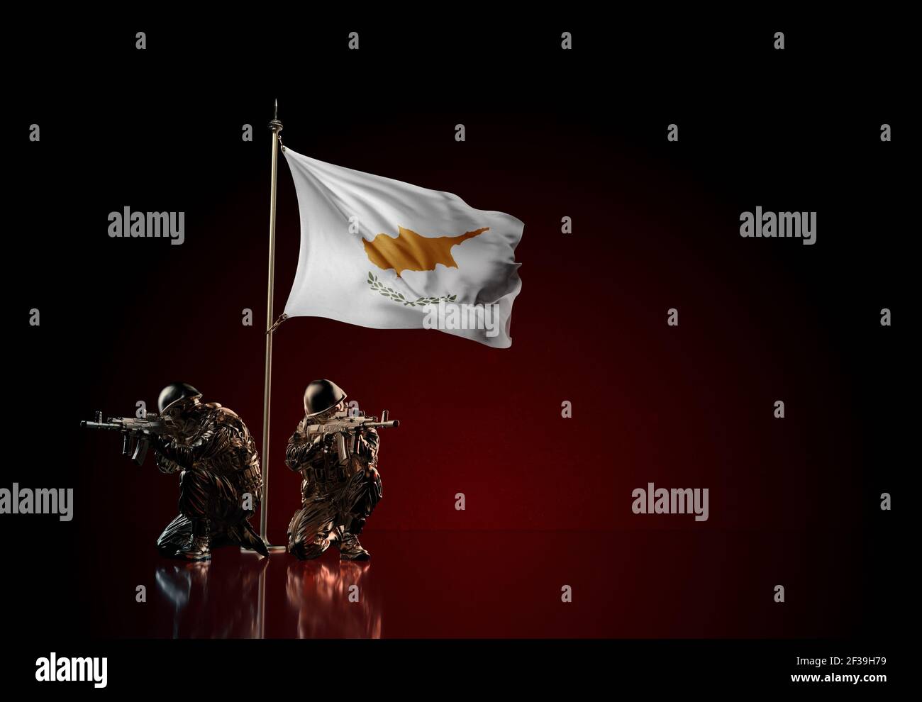Concept of military conflict with soldier statues and waving national flag of Cyprus. Illustration of coup idea. Two guards defending the symbol of co Stock Photo