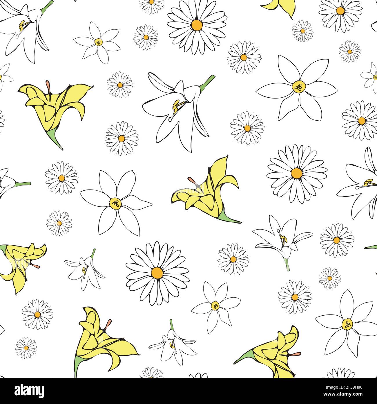 Vector white background white yellow lemony floral seamless pattern. Daisies, Lilies. Seamless pattern background Stock Vector